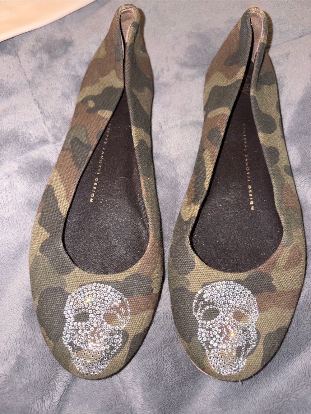 Authentic Giuseppe Zanotti Camo Green Crystal Skull Ballet Flats